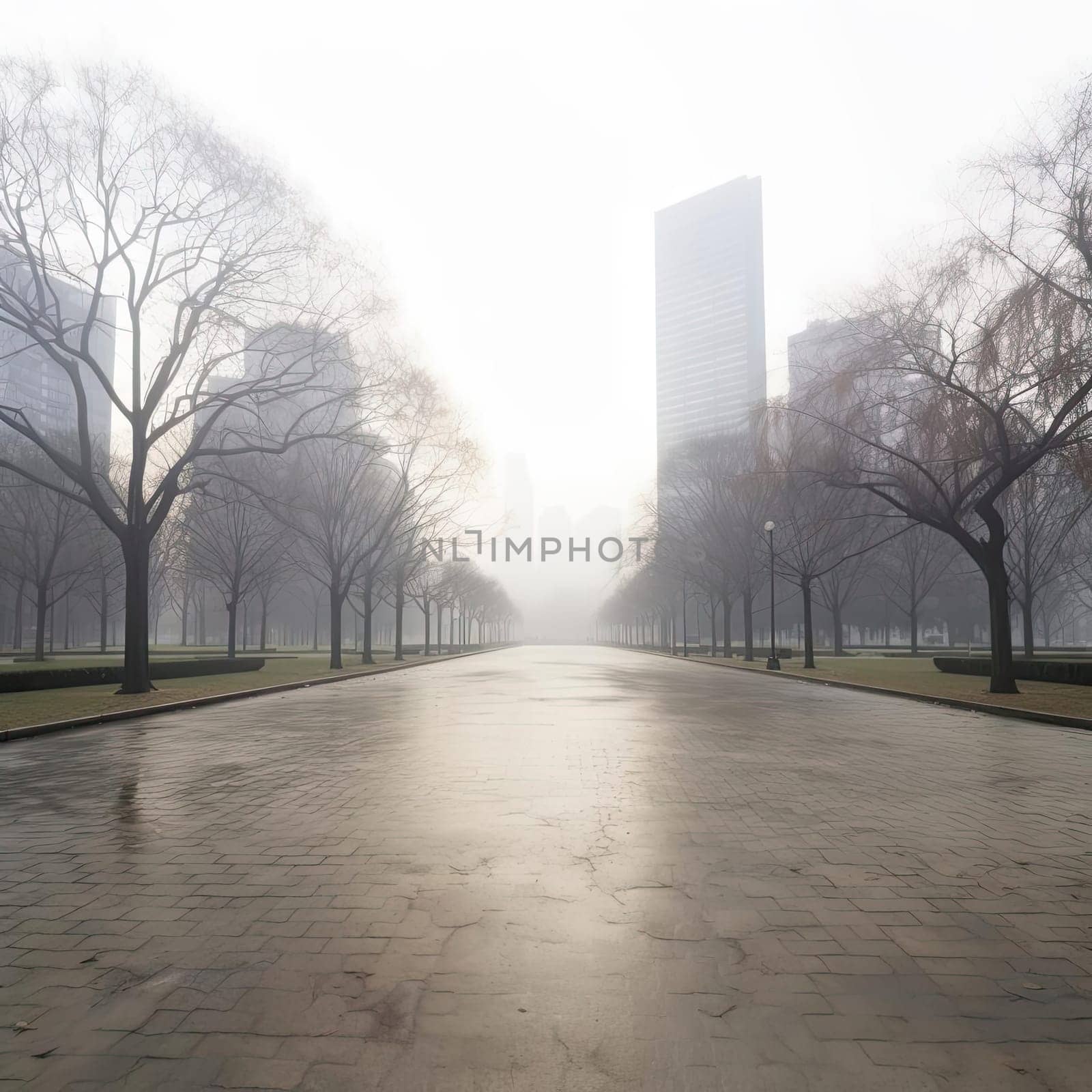 An empty square in a foggy day (ID: 001928)