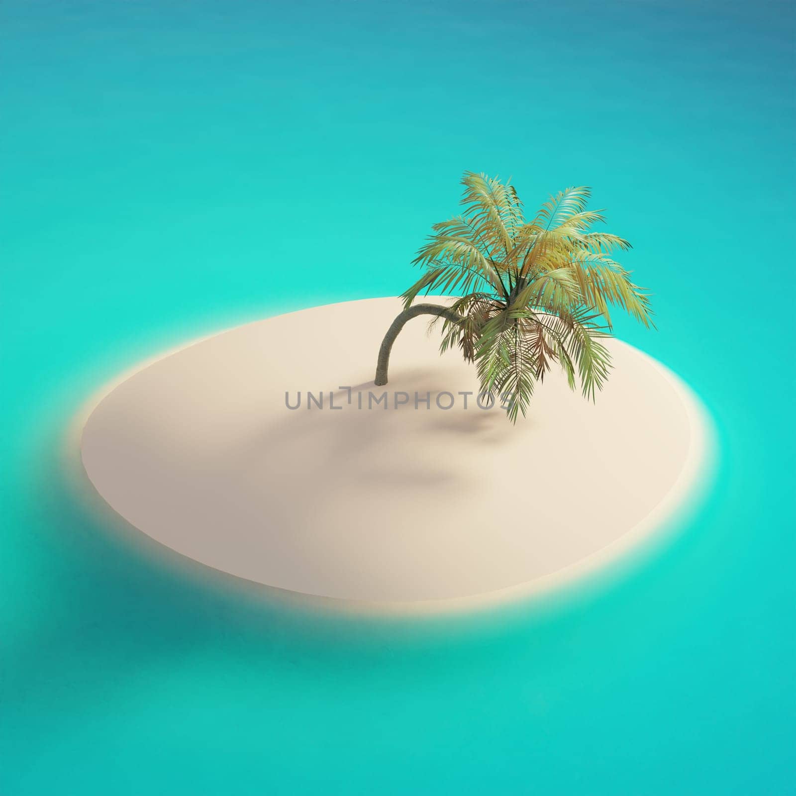 Empty tropical island with a palm tree in a turquoise ocean, vacation or travel concept, 3d rendering