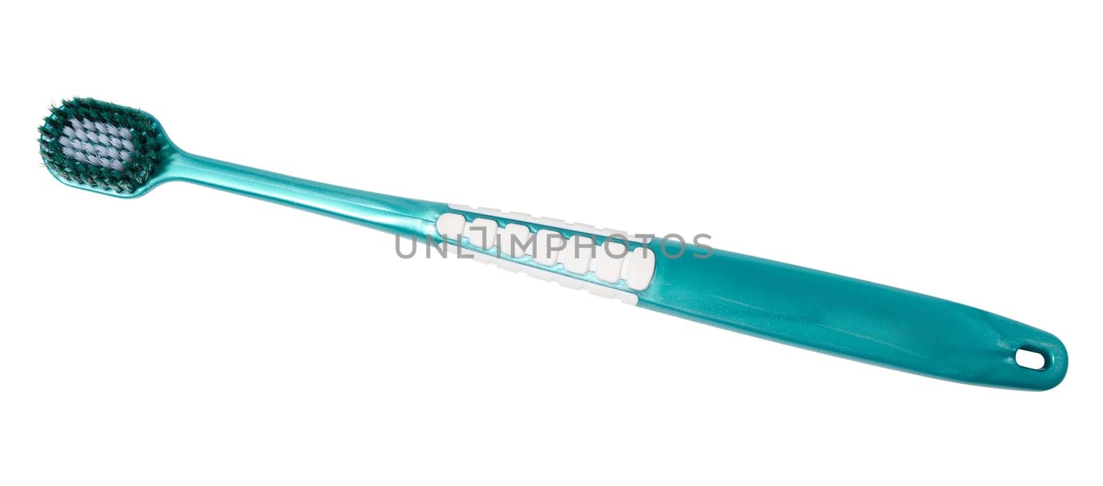 Plastic toothbrush on a white isolated background, top view