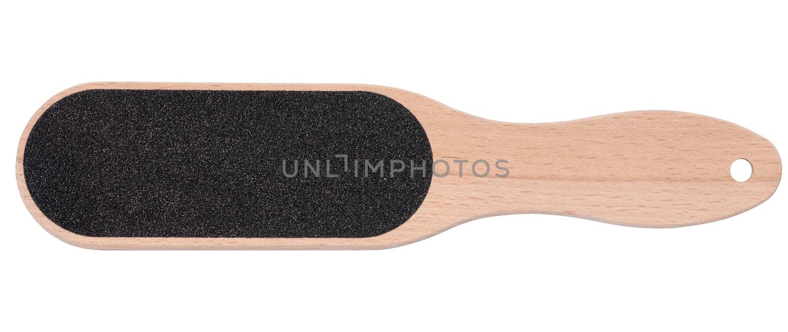Wooden spatula with an emery surface for pedicure on a white isolated background, top view