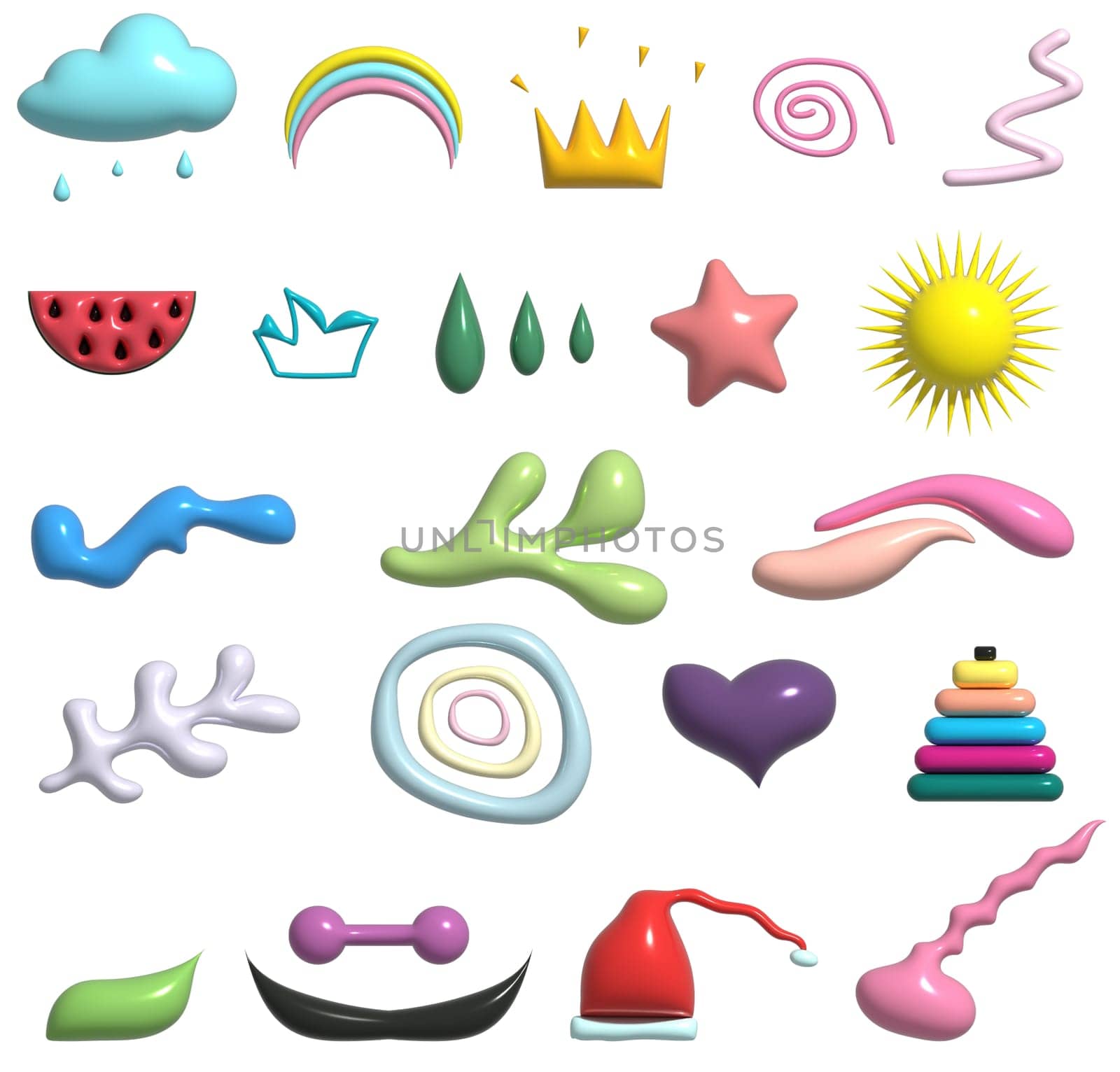 Various multicolored inflated doodles and objects. Set of isolated 3D illustrations