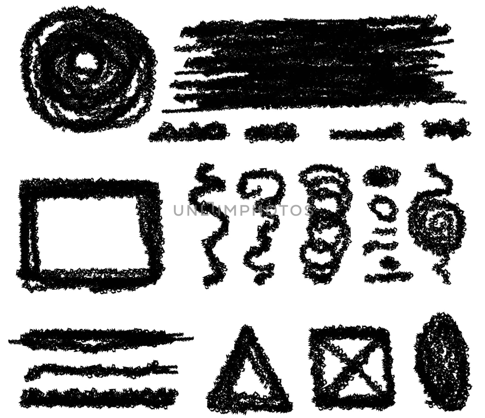 Various black shapes and lines on a white isolated background. Doodles hand drawn