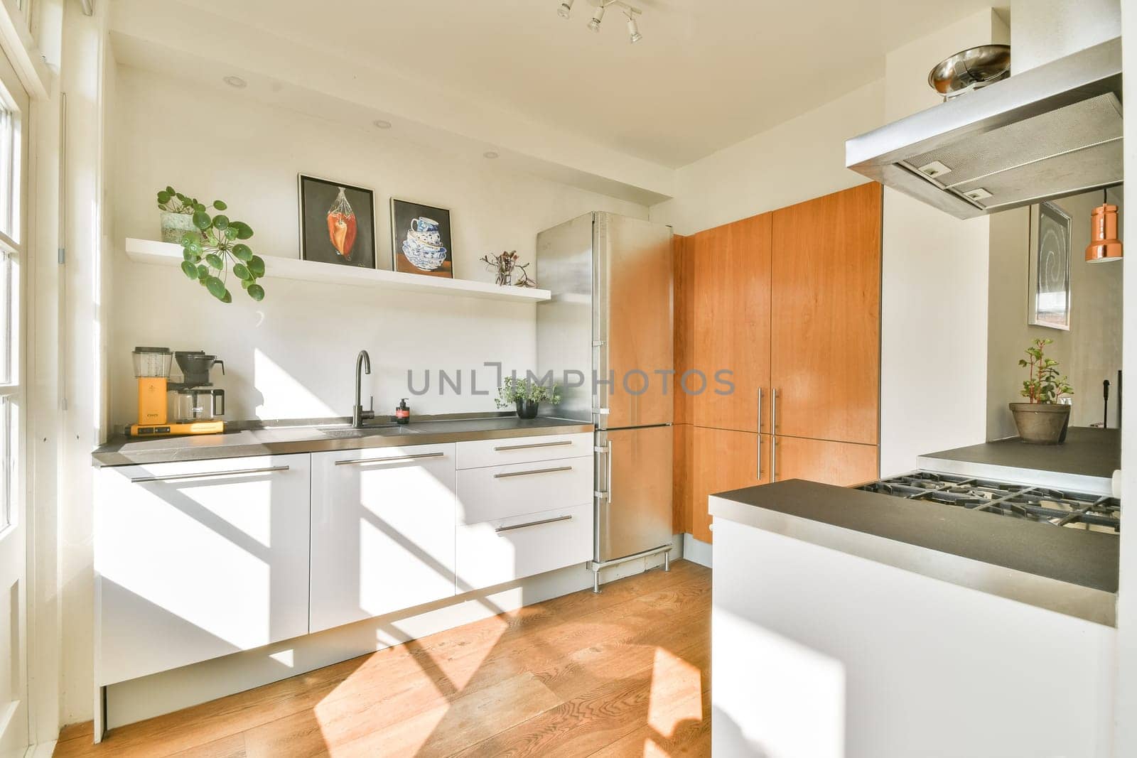 Bright, contemporary kitchen featuring sleek cabinetry, wooden accents, and natural light enhancing the open design, creating a welcoming atmosphere.