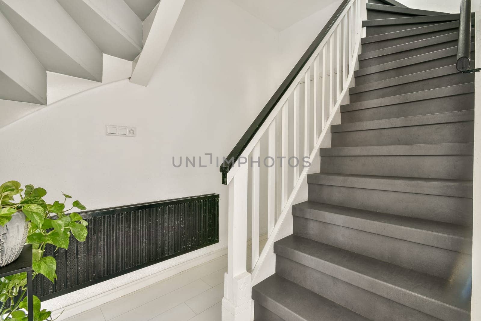 A contemporary staircase adorned with a lush green plant by the side, showcasing sleek lines and a minimalistic design, perfect for modern interiors.