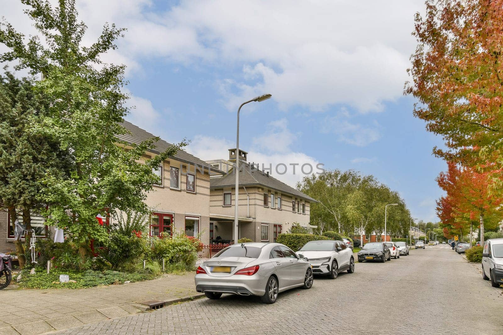 A serene view of a residential street lined with trees and modern houses, showcasing a peaceful neighborhood atmosphere.