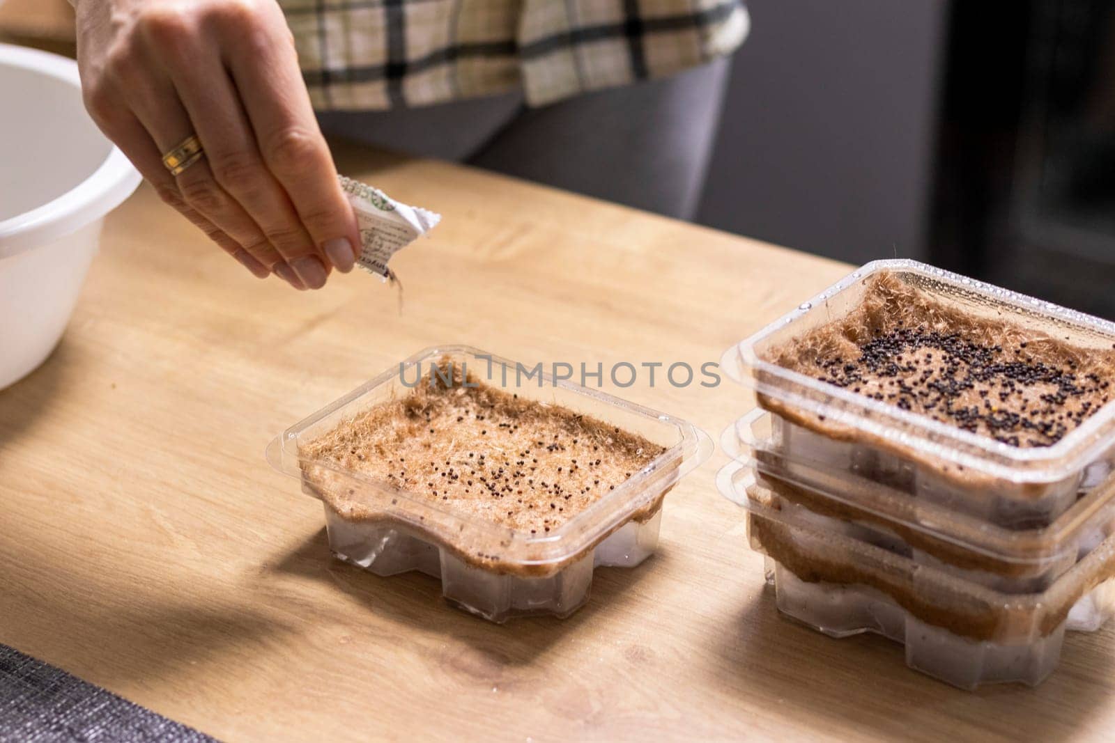 Person plants seeds of micro greens to the jute mat.