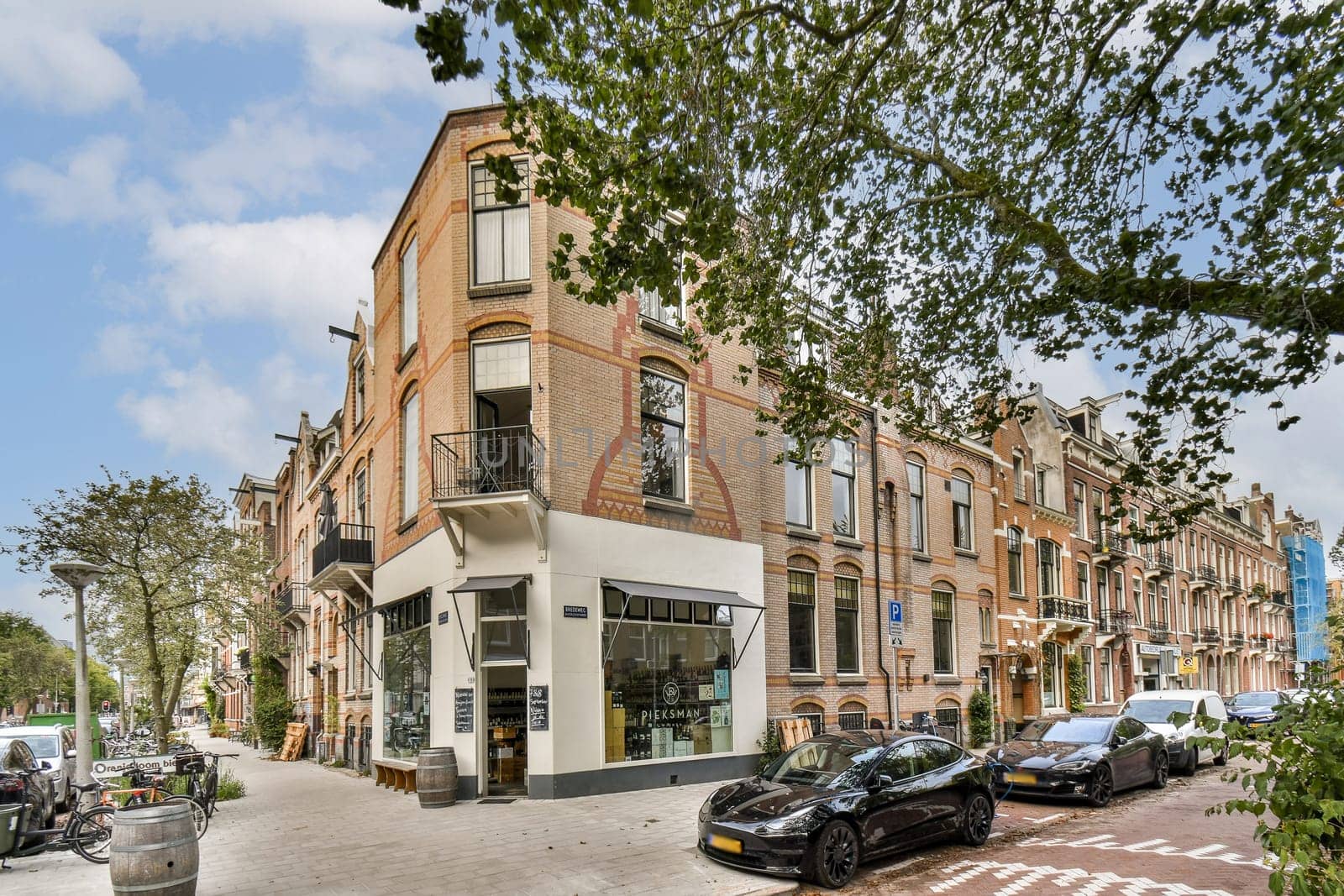 A picturesque urban scene showcasing a well-preserved street featuring classic brick buildings, street trees, and parked vehicles, embodying a vibrant neighborhood atmosphere.