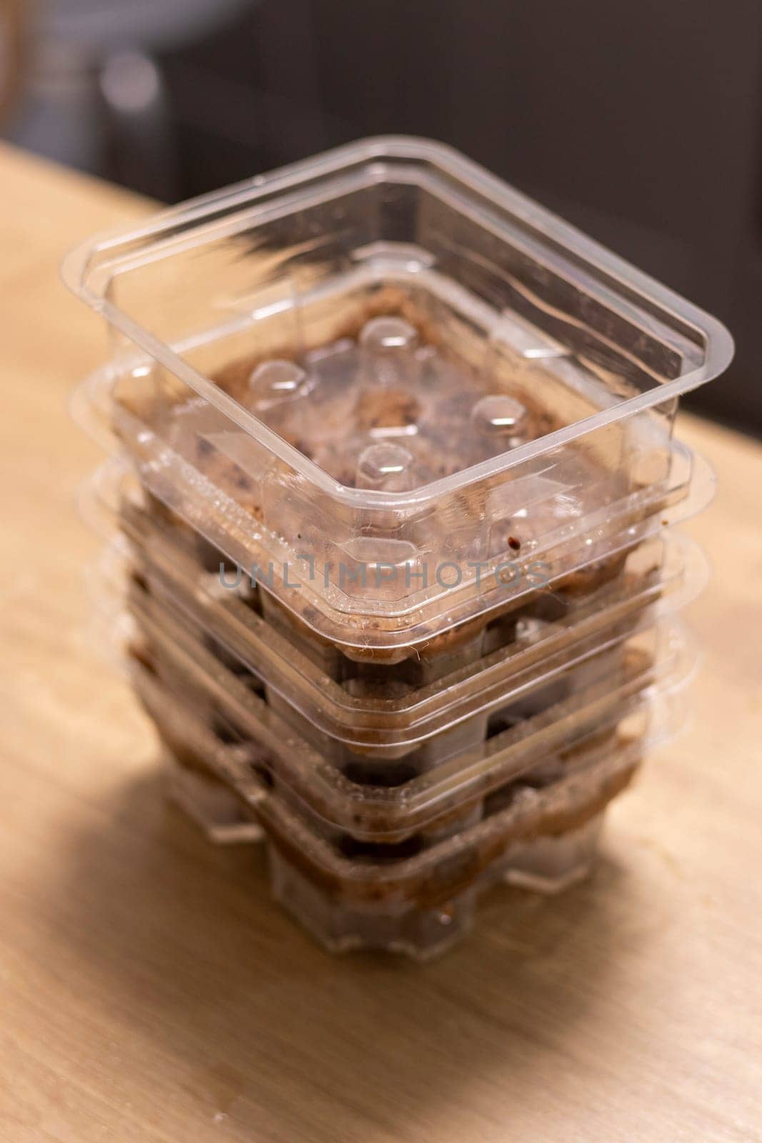 Stacked plastic containers with watered seeds of micro greens on jute mats