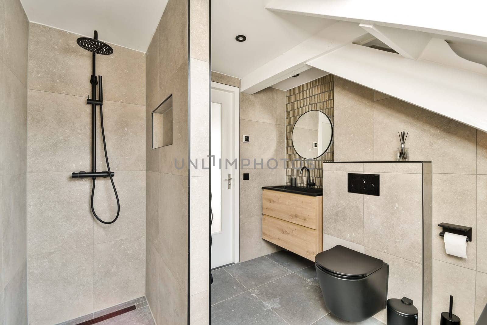 A sleek and contemporary bathroom featuring minimalist design, neutral tones, and modern fixtures, ideal for modern living spaces.