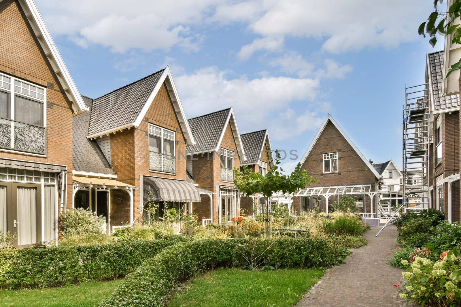 Beautiful suburban houses lined with greenery and landscaped gardens, offering a picturesque view of modern architecture and natural surroundings.