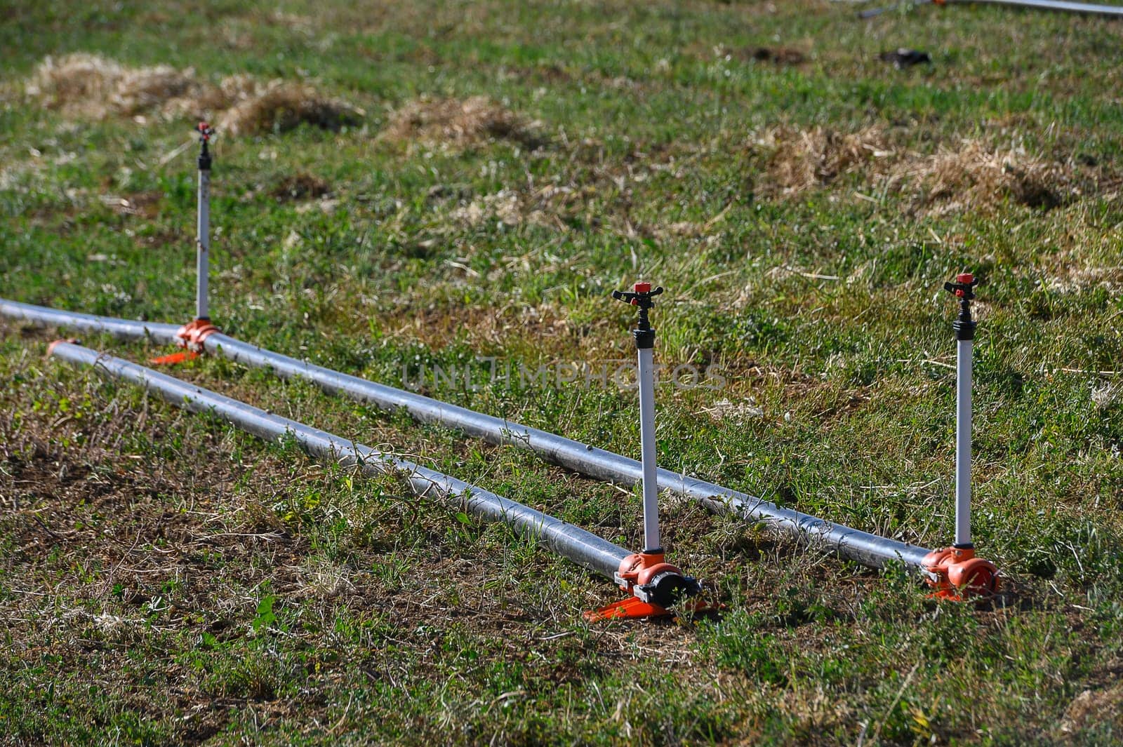 Watering equipment is arranged neatly on the grass, showcasing a precise irrigation setup under clear blue skies. Sprinkler heads are ready for optimal functionality in the warm sun.
