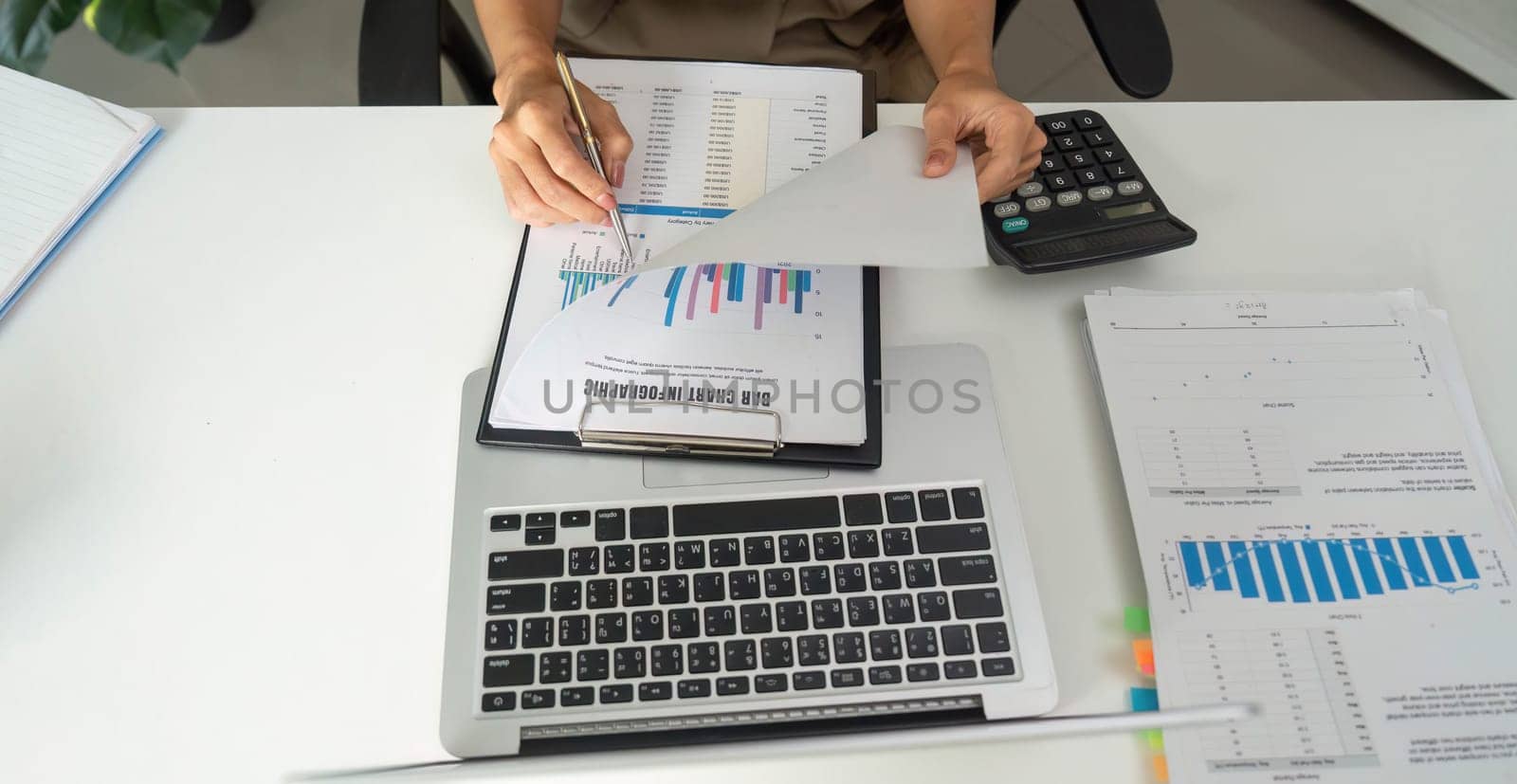 Focused on her work, a professional is engaged in reviewing financial graphs and statistics, ensuring effective documentation practices in a sleek office environment.