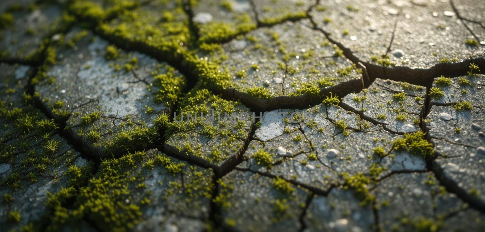 Dry cracked ground with green moss. Global warming concept. Close up