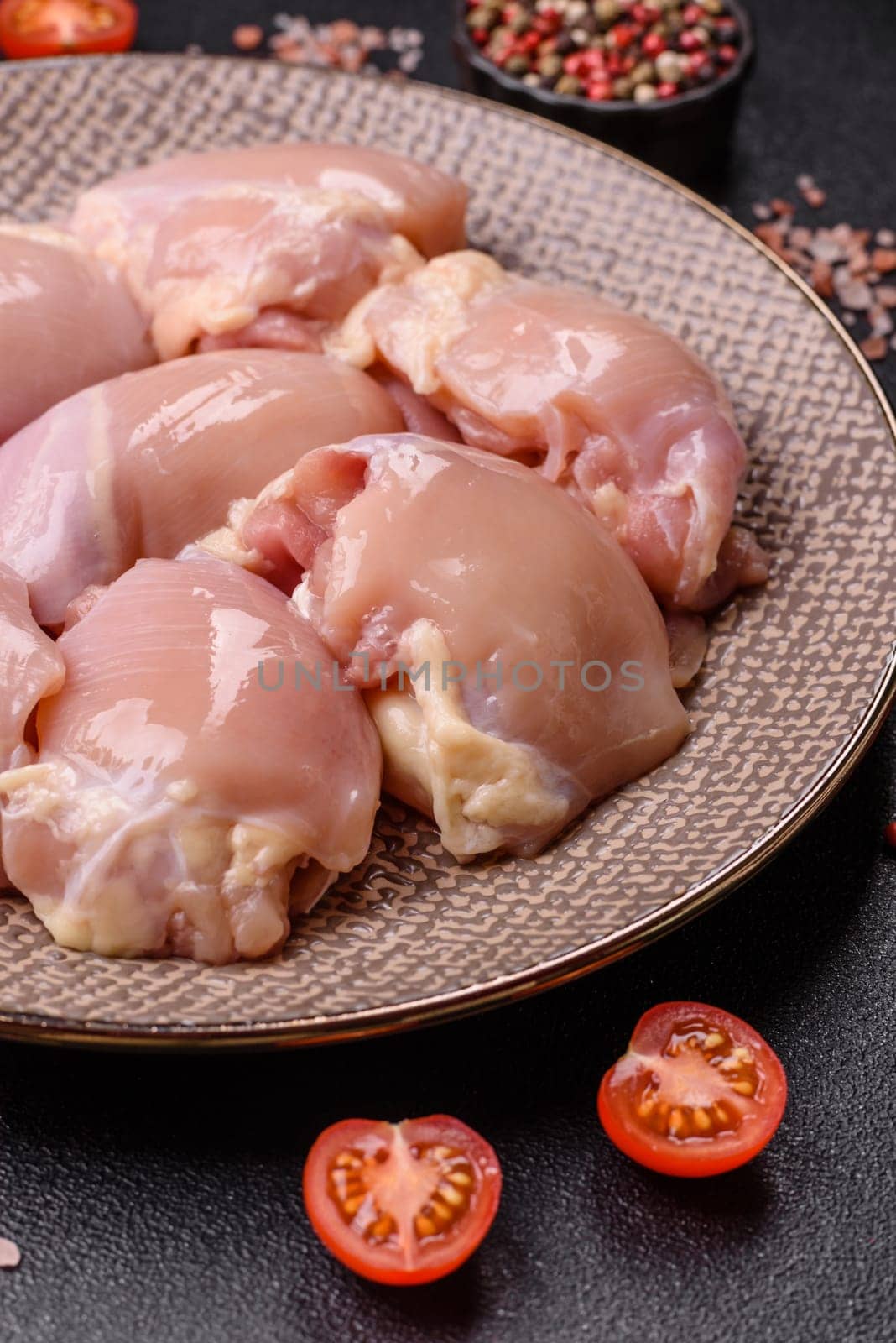 Chicken thigh fillet raw, skinless, boneless, poultry legs with salt and spices