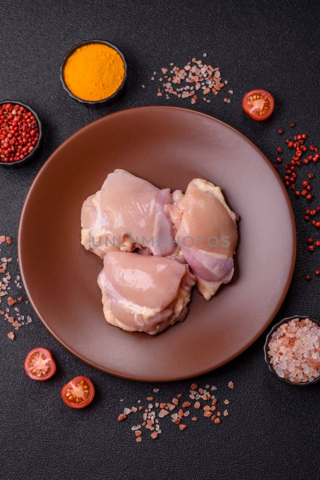 Chicken thigh fillet raw, skinless, boneless, poultry legs with salt and spices