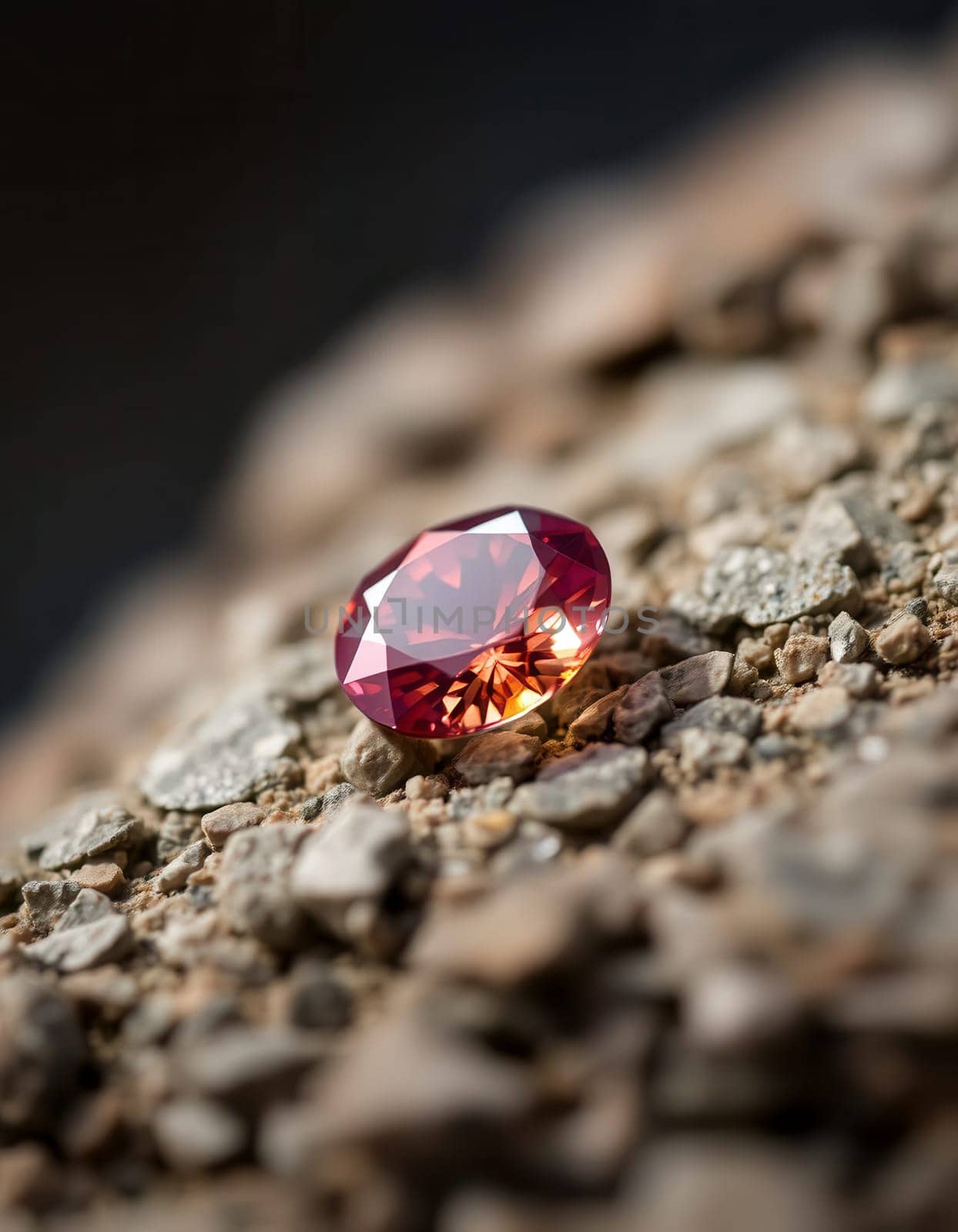 Close-up of a red gemstone on a rough, earthy surface