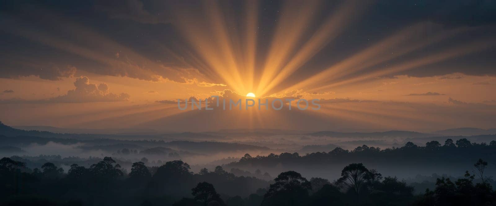 Golden Sunset Over a Misty Forest