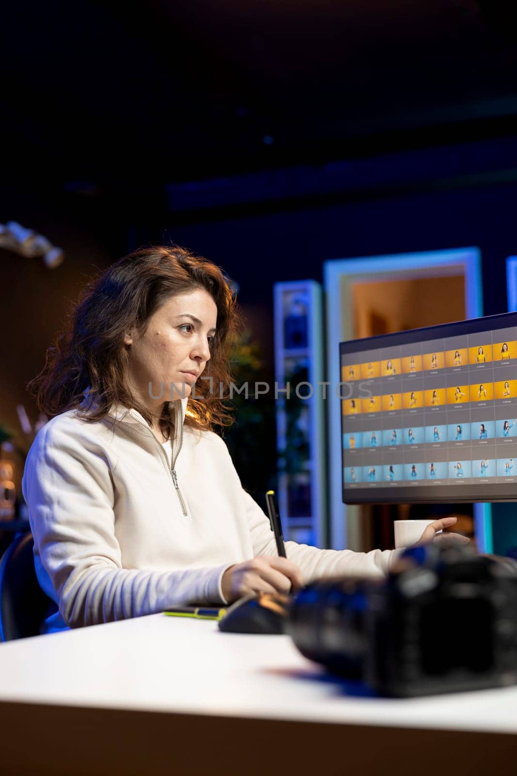 Photo editor editing images in post production company using retouching software. Photographer fixing overexposed pictures, adjusting white balance slider while drinking coffee