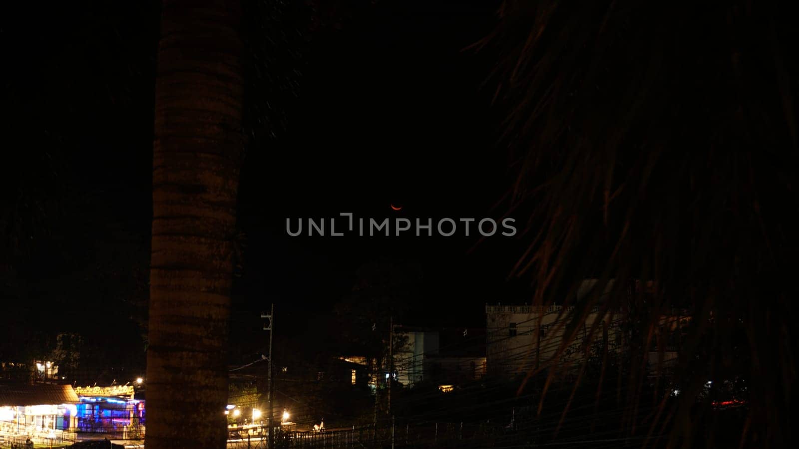 Red moon rising over a vibrant tropical city at night, framed by swaying palm trees, illuminating buildings, and a lively funfair, creating a magical and festive atmosphere