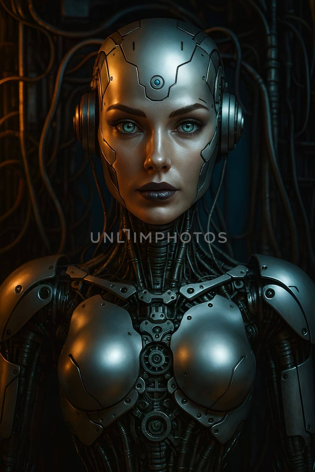 Immerse yourself in a stunning dark sci-fi aesthetic with this highly detailed portrait of a futuristic female cyborg. Featuring chrome armor, intricate biomechanical components, and piercing synthetic eyes, the image captures the essence of cyberpunk and artificial intelligence.