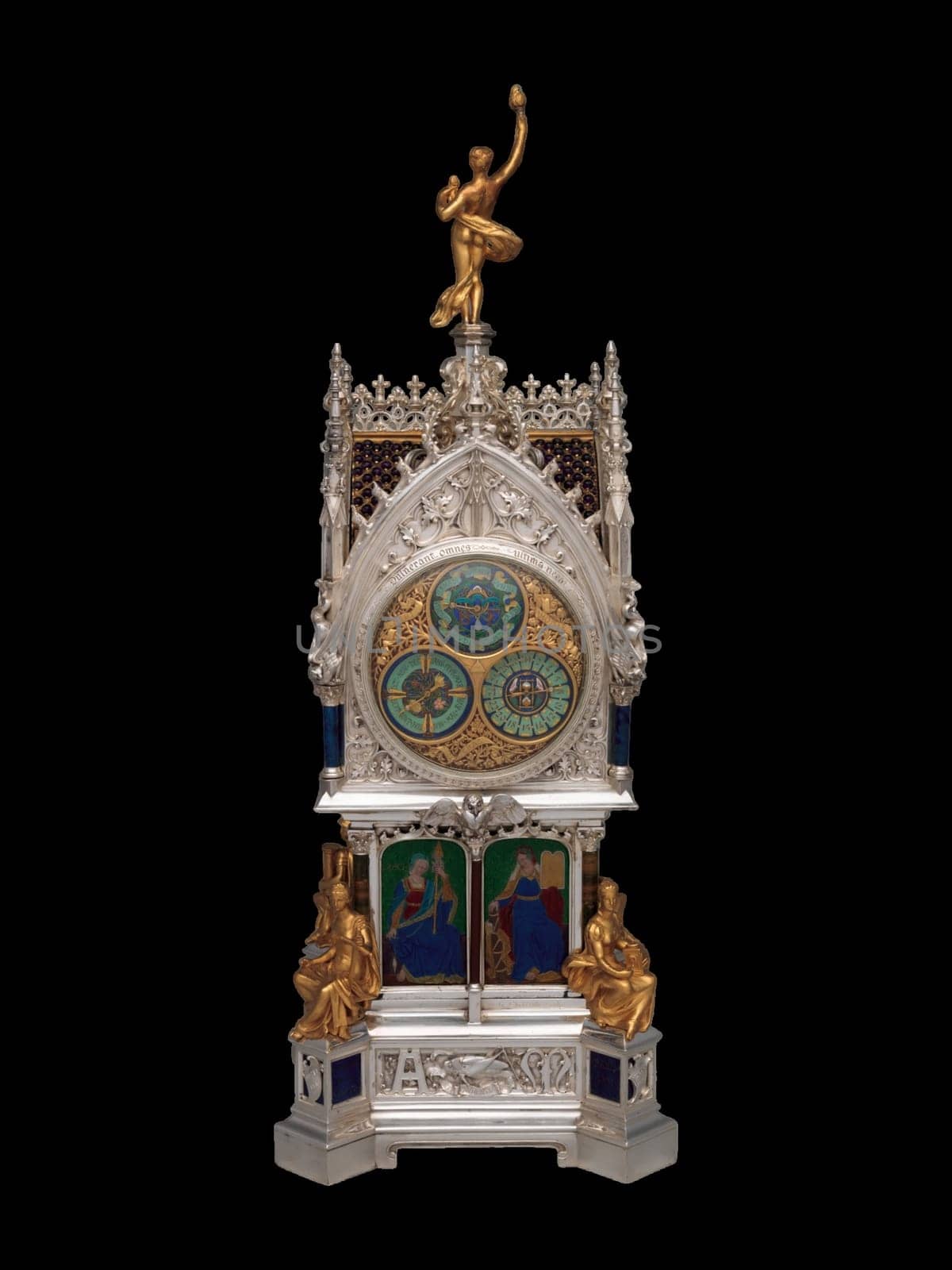 This magnificent antique table clock with calendar, crafted by Lucien Falize in 1881, features intricate silver and gold detailing in a striking gothic design. Its opulent craftsmanship adds timeless luxury to vintage decor collections.