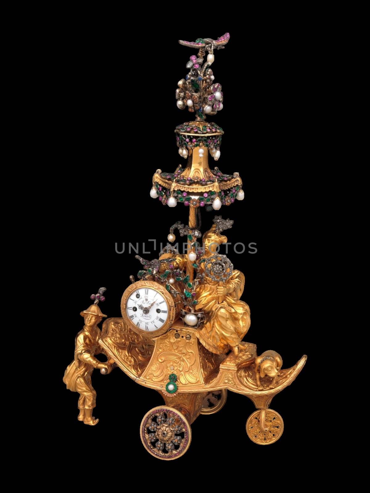 This breathtaking antique chariot automaton clock, crafted by James Cox in 1766, features intricate gold and jeweled detailing. Its exotic Chinese-inspired design adds unparalleled luxury to vintage decor collections.