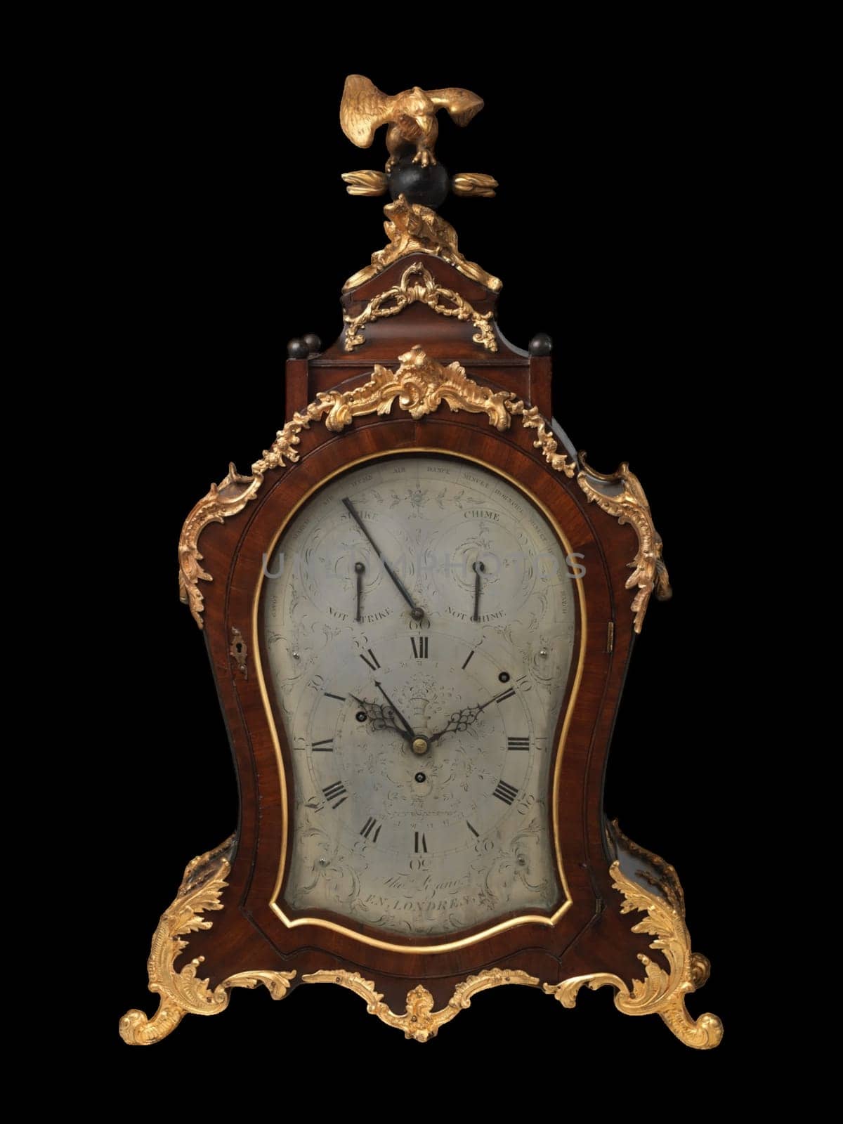 This stunning antique musical bracket clock with calendar, crafted by Thomas Lozano around 1700, features rich wood and intricate gold detailing. Its baroque design and historical charm make it a luxurious addition to vintage decor collections. Perfect for upscale interiors, this ornate timepiece evokes timeless elegance and craftsmanship.