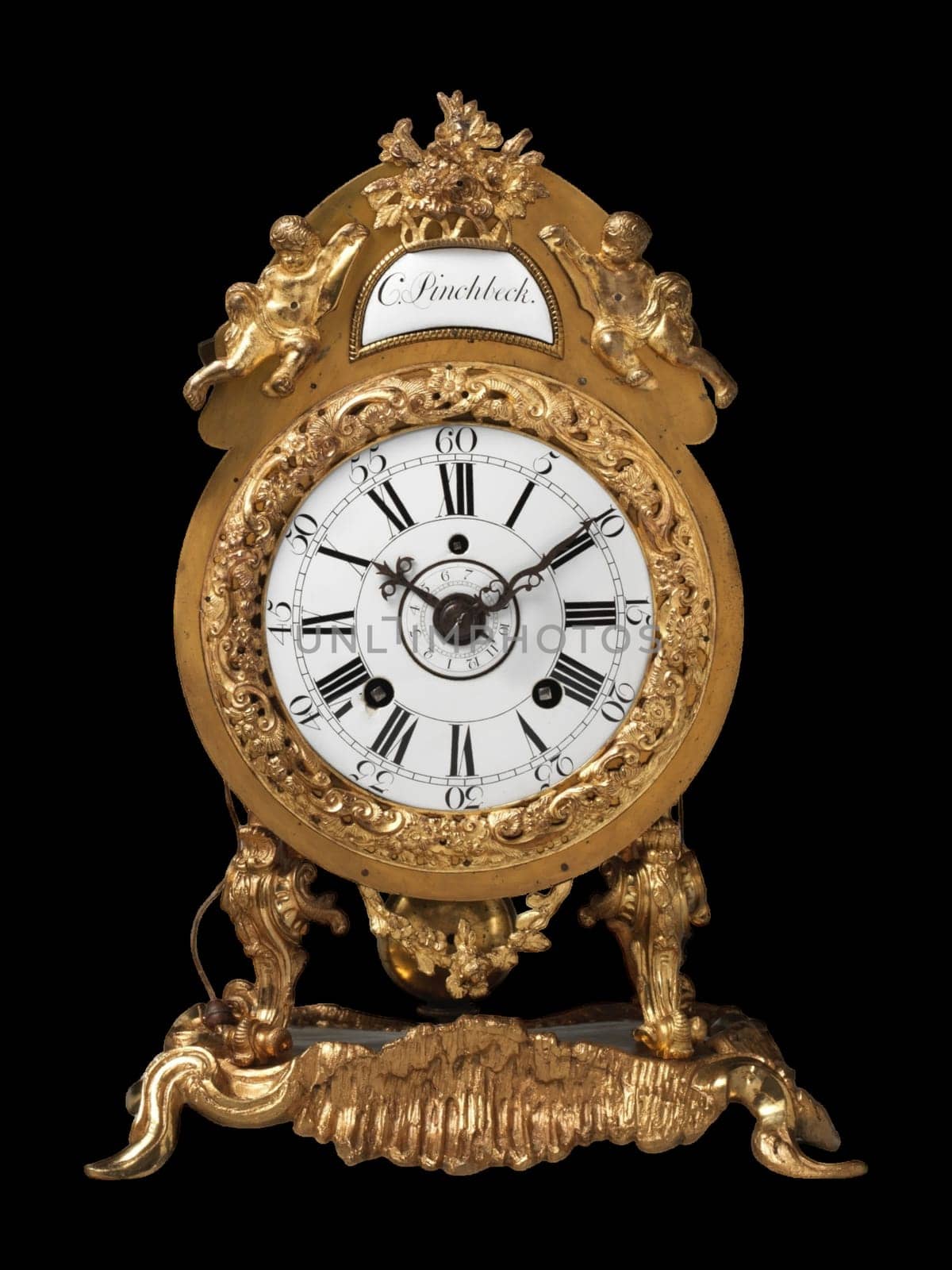 This exquisite antique bracket clock by C. Pincheck, adorned with intricate gold detailing and cherub accents, radiates baroque opulence. Its luxurious design adds timeless elegance to vintage decor collections.