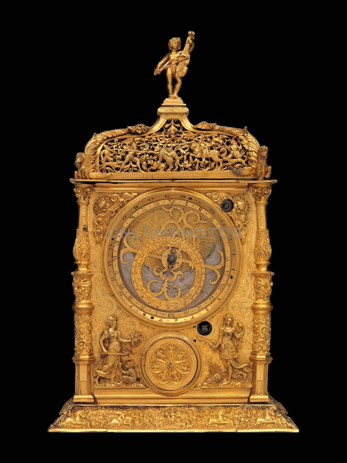 This extraordinary antique astronomical table clock, crafted by Jeremias Metzger in 1568, boasts intricate gold detailing in a stunning renaissance design. Its luxurious craftsmanship adds unparalleled elegance to vintage decor collections.