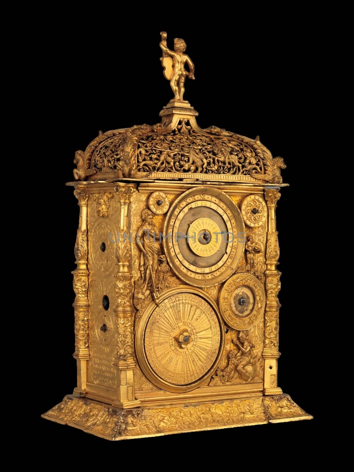 This extraordinary antique astronomical table clock, crafted by Jeremias Metzger in 1568, boasts intricate gold detailing in a stunning renaissance design. Its luxurious craftsmanship adds unparalleled elegance to vintage decor collections.