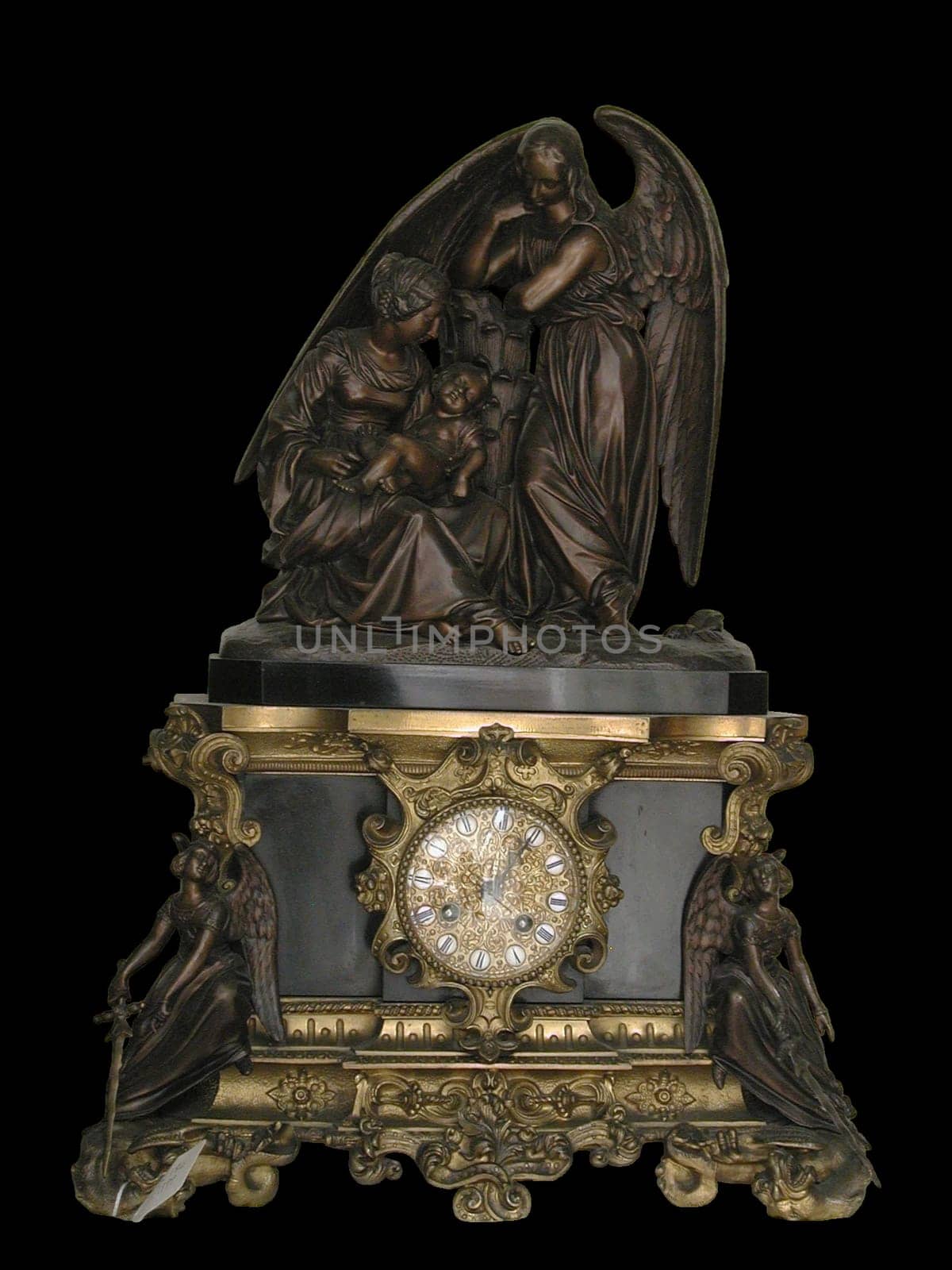 This elegant antique bronze mantel clock by Honore Pons, crafted between 1840-50, showcases intricate sculptures and luxurious gold accents. Perfect for vintage decor enthusiasts, its classic design adds timeless sophistication to any space.