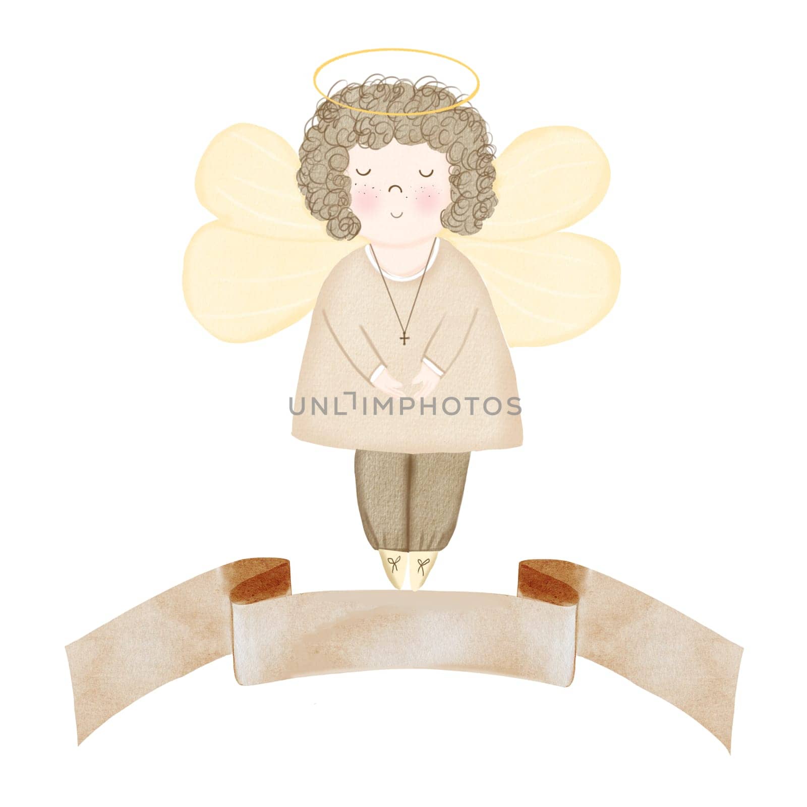 Baby baptism watercolor card. Illustrations angel on isolated white background. Cute clipart for design of christening and birth cards and banners. High quality photo