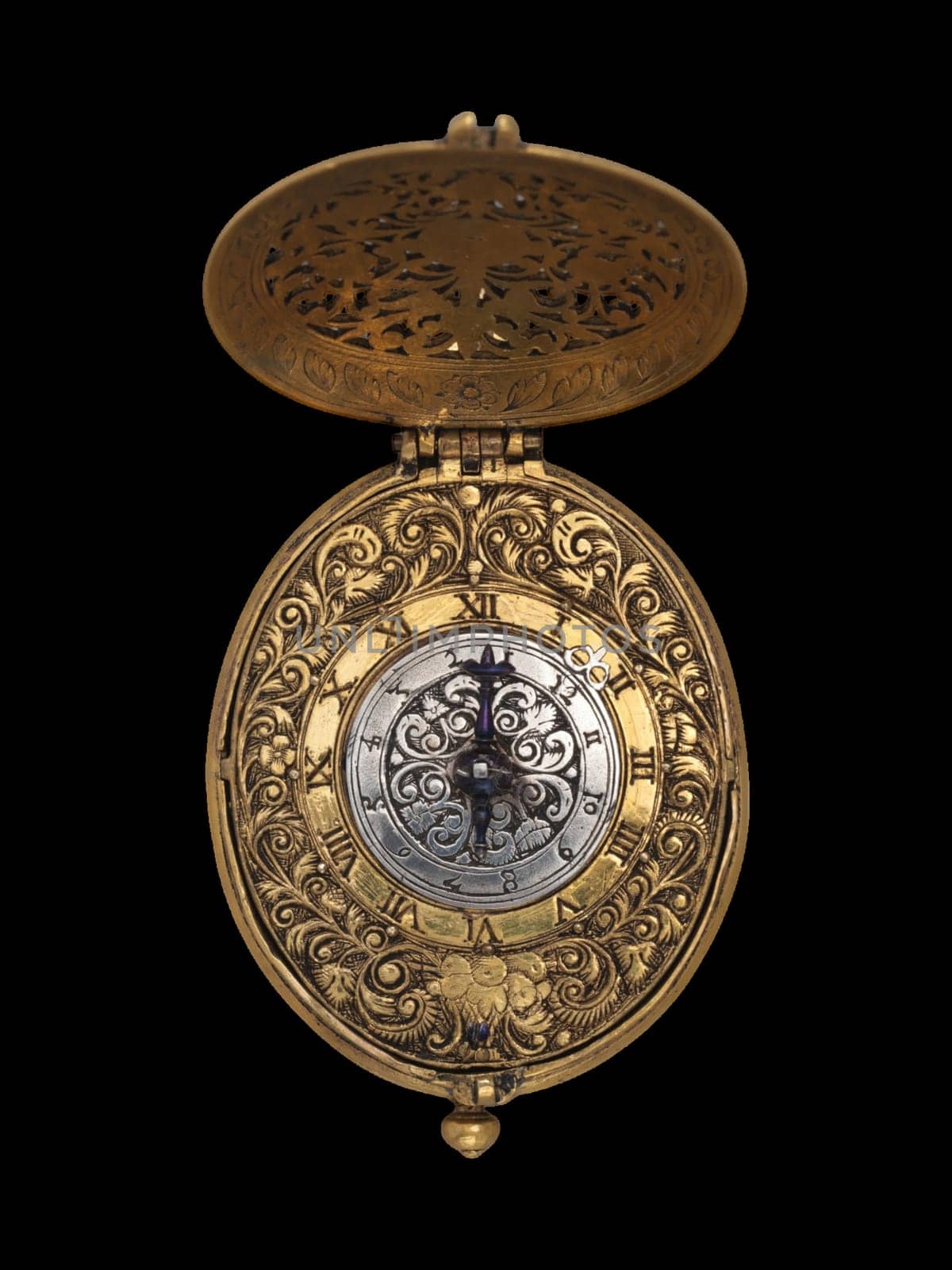 This stunning antique pocket watch by edward east, crafted around 1640-50, features intricate baroque designs in gold and silver. A perfect blend of historical luxury and ornate craftsmanship, this timepiece is ideal for collectors and vintage decor enthusiasts.