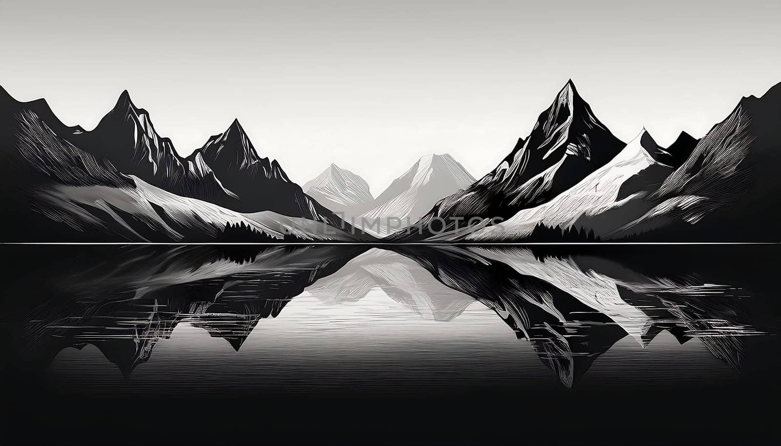 A breathtaking monochrome scene showcasing the stillness of a calm lake mirroring snow-capped mountains, evoking a sense of peace and natural beauty.