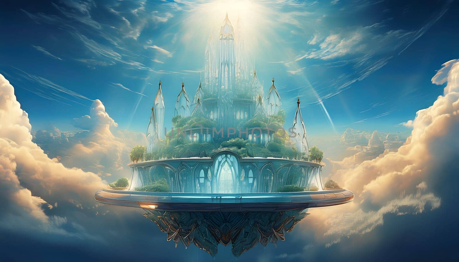 A breathtaking, ethereal city suspended in the sky, surrounded by fluffy clouds and bathed in rays of golden sunlight.