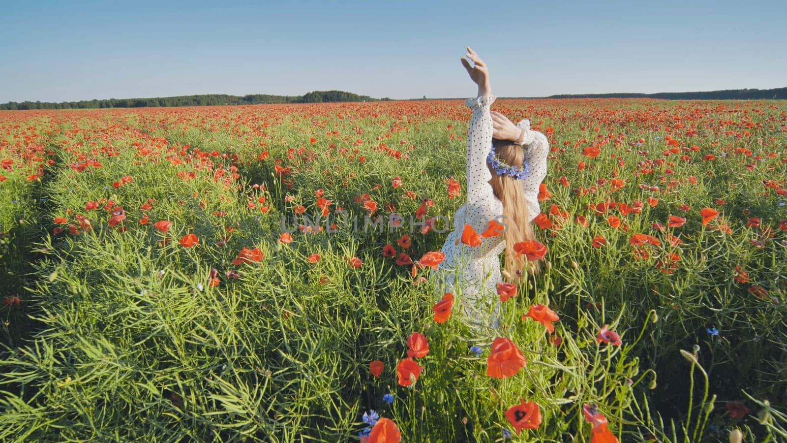 Slavic woman with long blond hair wearing flower crown and white dress, raising her arms in a beautiful poppy field