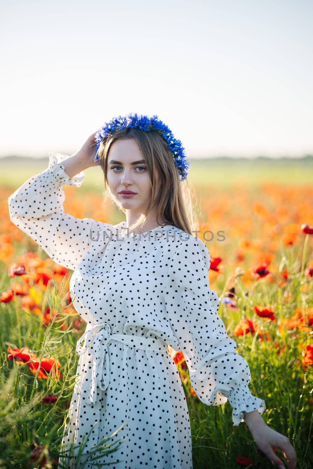 Slavic female modeling floral headpiece among blooming red poppies, sunlight highlighting delicate features