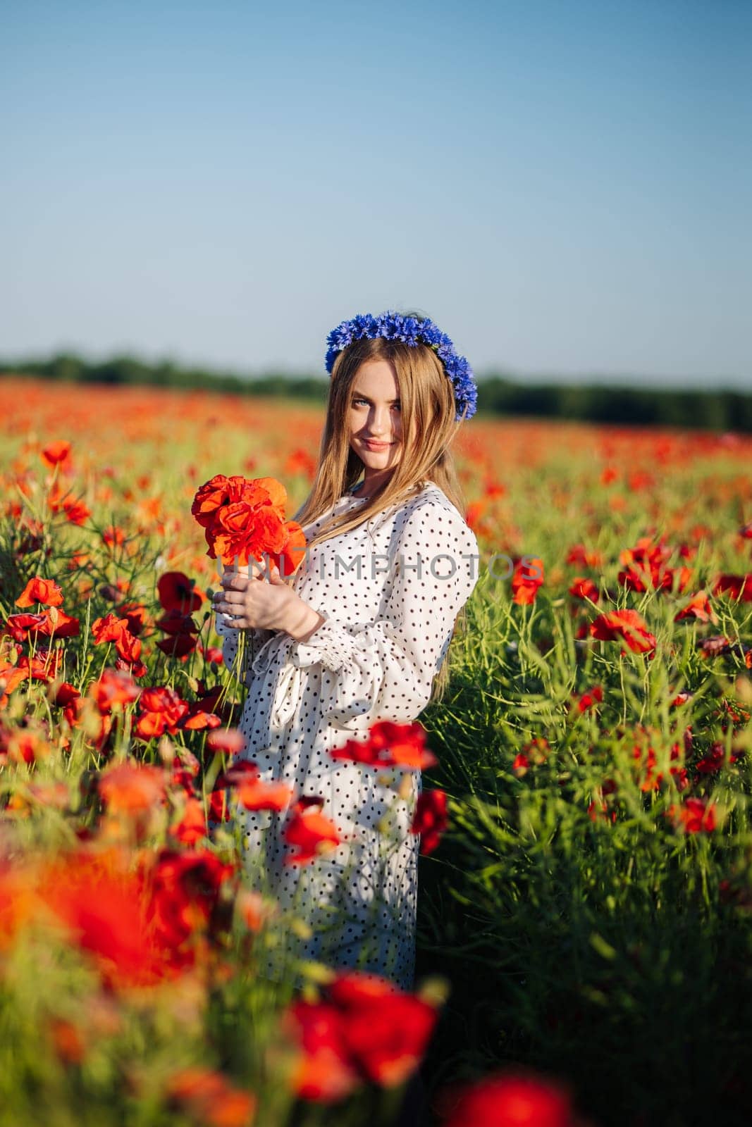 Beautiful slavic woman with flower wreath holding a bouquet of poppies in a large poppy field
