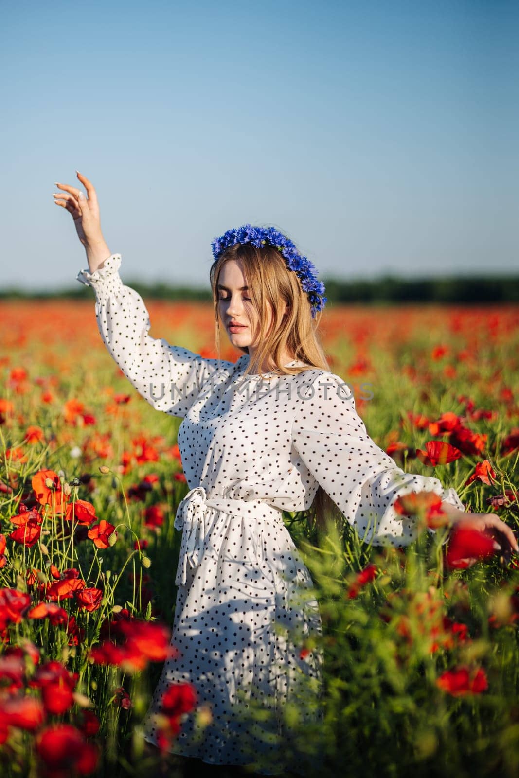 Beautiful blonde woman wearing a white polka dot dress and a blue flower crown, posing in a poppy field during a sunny summer day