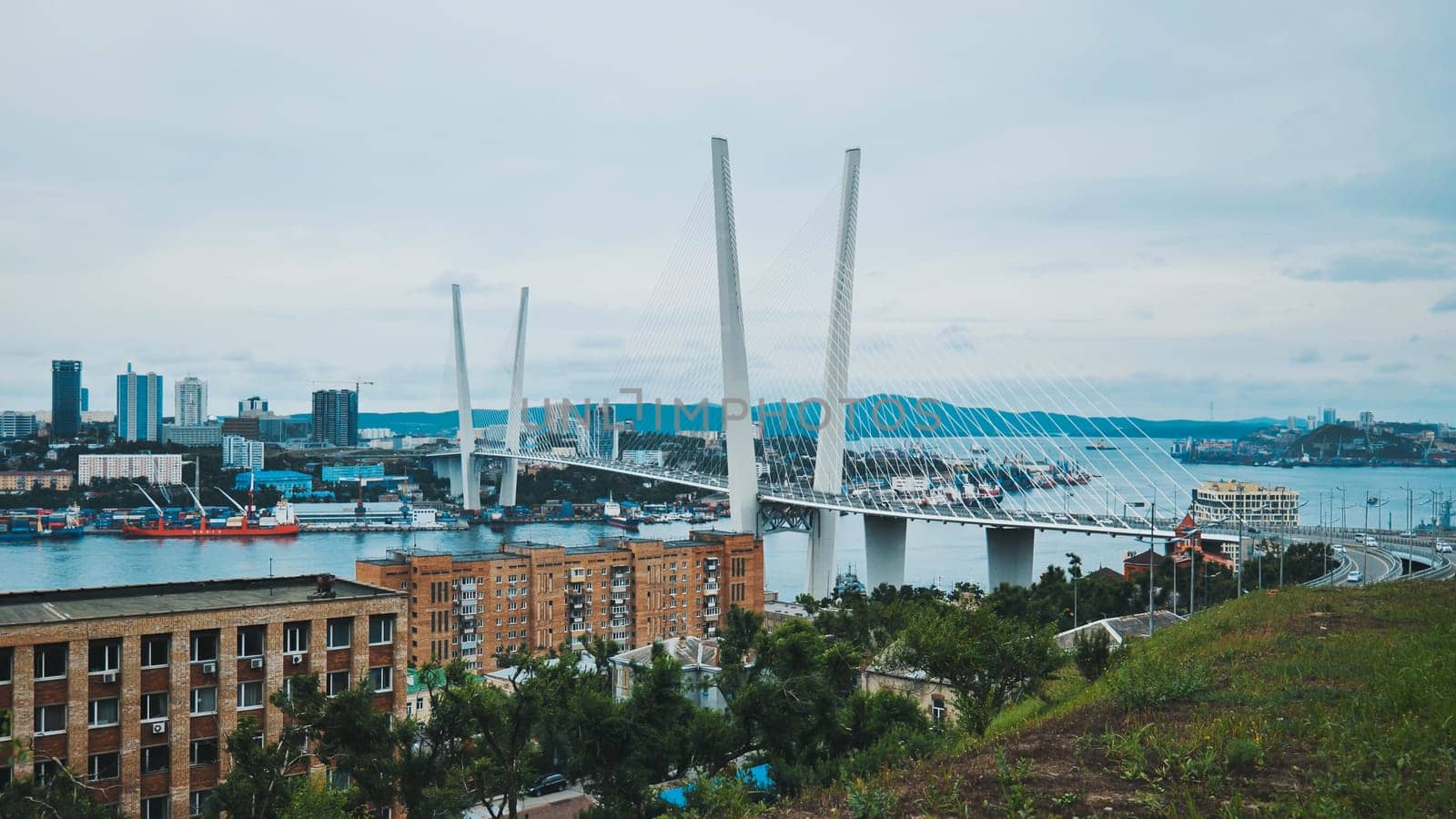 Golden stayed cable bridge spanning golden horn bay, featuring cargo vessels, vladivostok urban skyline, primorsky krai, russia