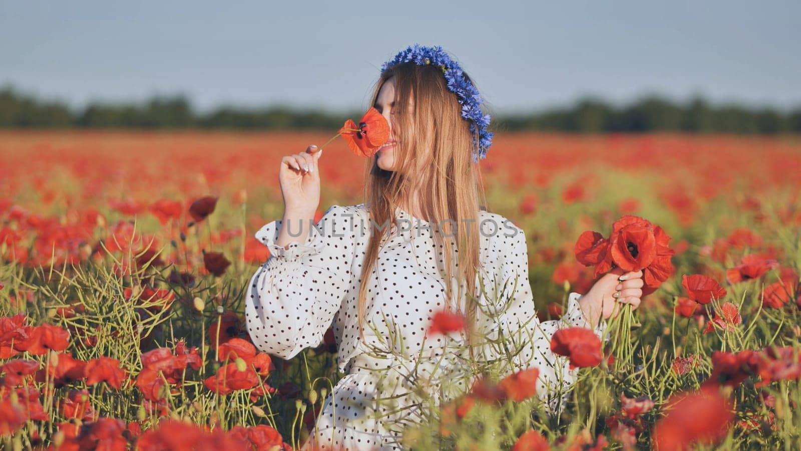 Blonde woman wearing floral crown inhaling fragrant red poppy amid blooming field during golden sunset light
