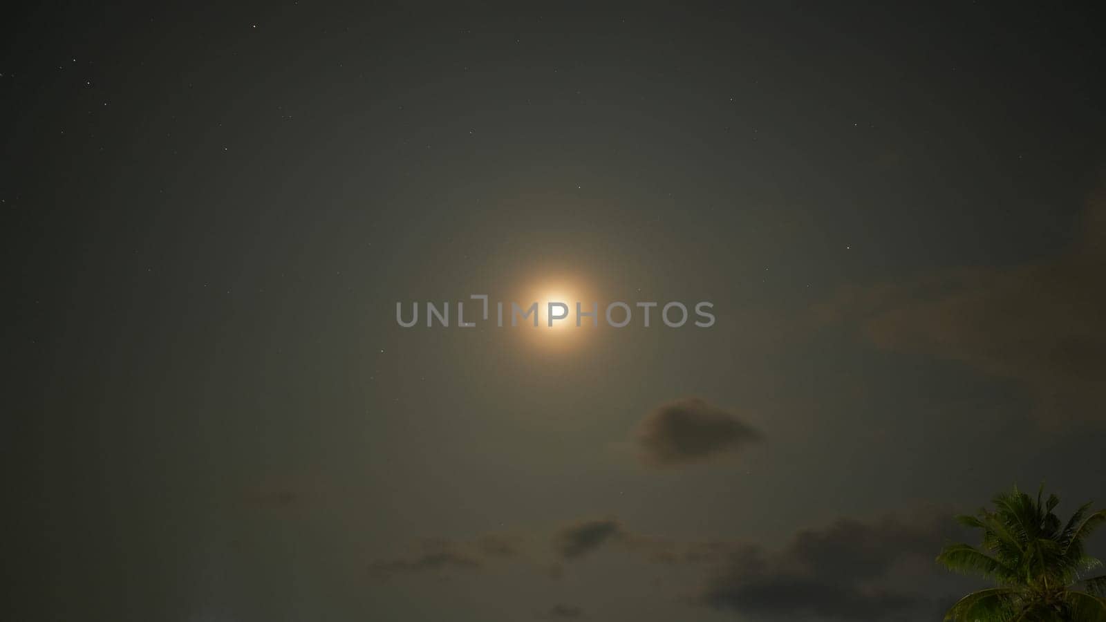 Bright full moon illuminating the night sky, surrounded by countless stars and wispy clouds, creates a tranquil and magical atmosphere, inviting peaceful contemplation and wonder