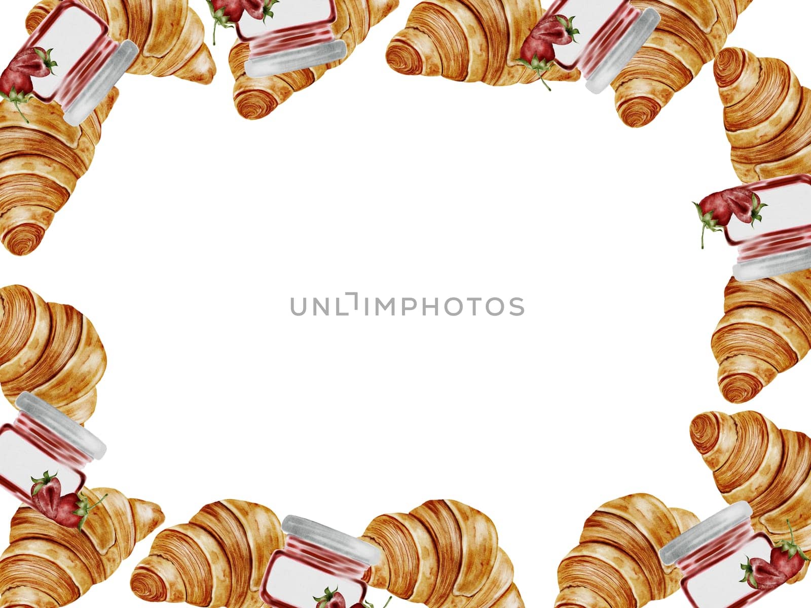 Croissant watercolor frame. Hand drawn illustration fresh french bun with strawberry jam. Food clip art. Ideal for bakery prints, postcards and pastry shop posters. High quality illustration
