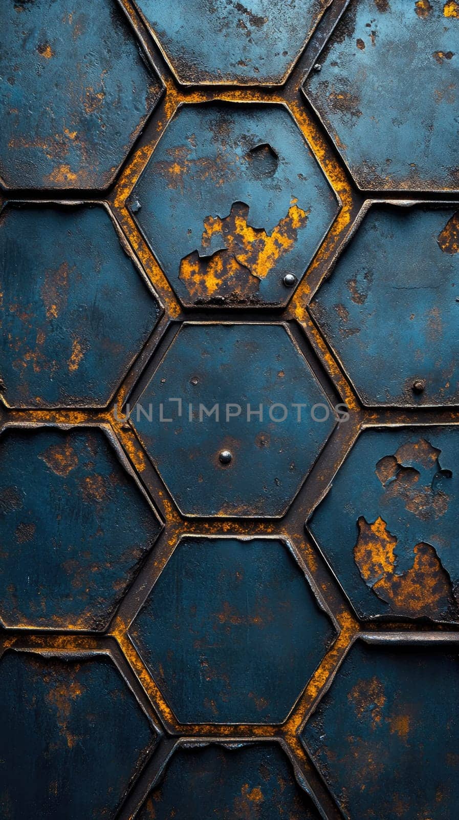 This artwork features a rugged hexagonal design overlaying a grunge metal texture. The contrast highlights weathered details, conveying a strong industrial aesthetic.
