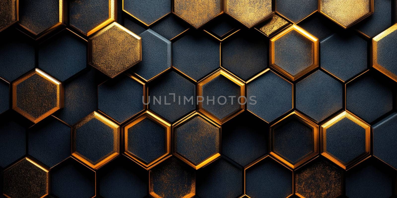 A background featuring a sophisticated hexagonal pattern rendered in golden metallic tones.