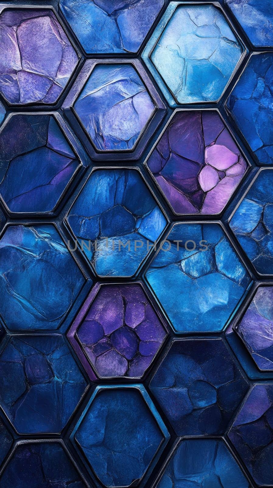 This design showcases an intricate hexagonal pattern filled with colorful watercolor textures in shades of blue and purple.