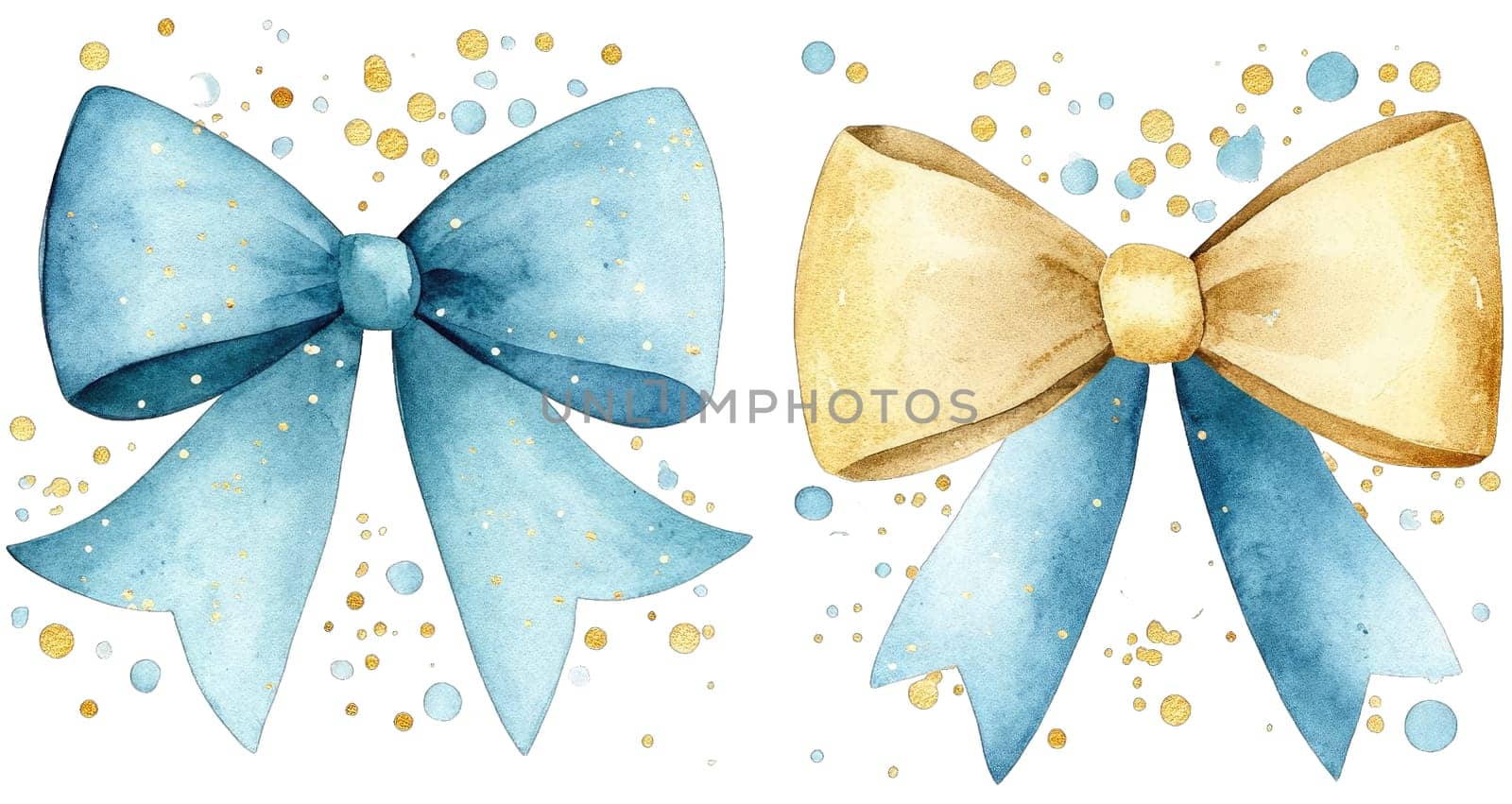 This artwork showcases a set of watercolor bows in soft pastel blue and shimmering gold.