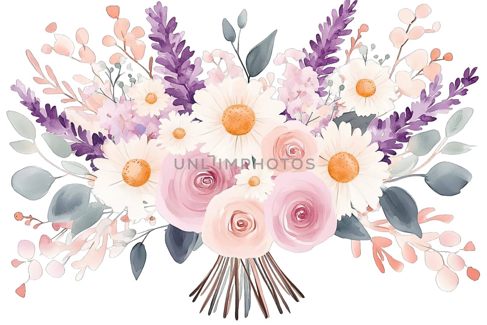 A vibrant bouquet features blooming roses in pink tones and daisies, accented with purple flowers and lush green leaves, perfect for brightening up any space or celebration.