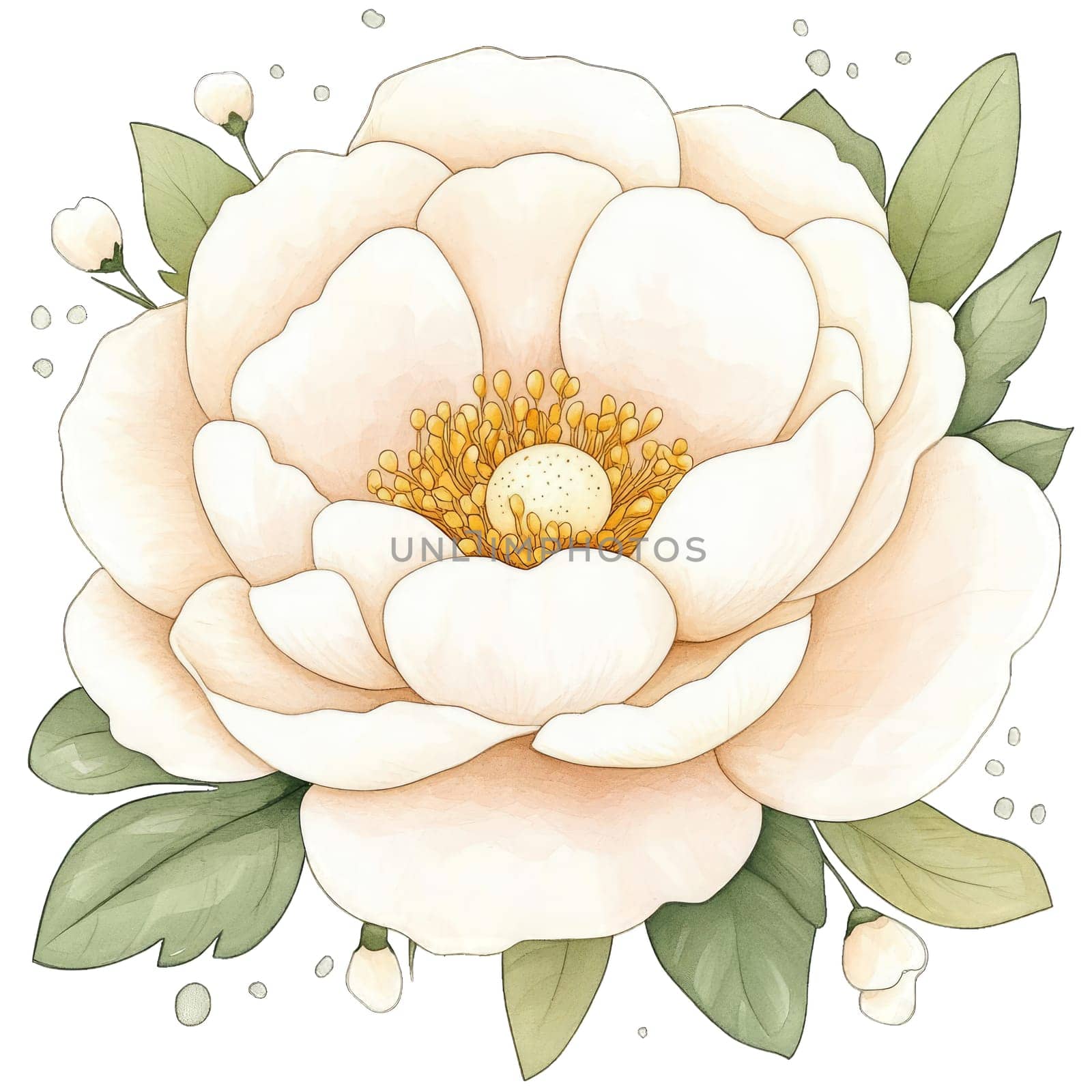 A lush peony flower showcases soft white petals with subtle pink hues and vibrant golden stamens. Green leaves enhance the beauty of this botanical illustration, creating a serene and elegant design.
