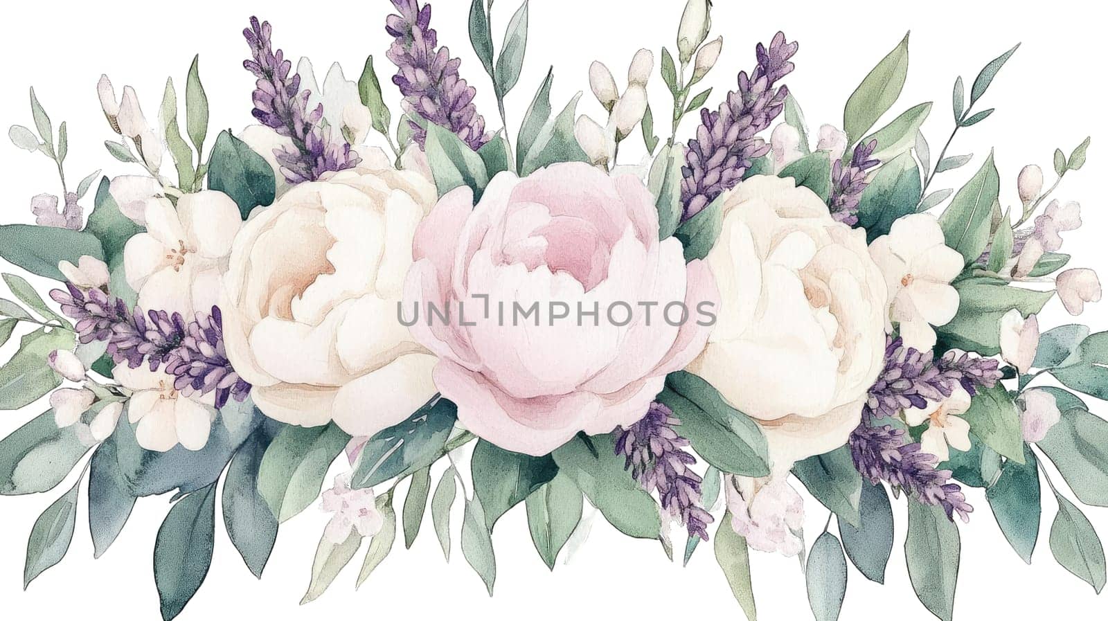A vibrant arrangement of flowers showcases soft pink peonies mingling with purple lavender and lush greenery.